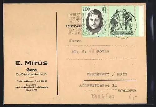 AK Gera, Gewerbe E. Mirus, Dr. Otto-Nuschke-Strasse 13, Korrespondenzkarte