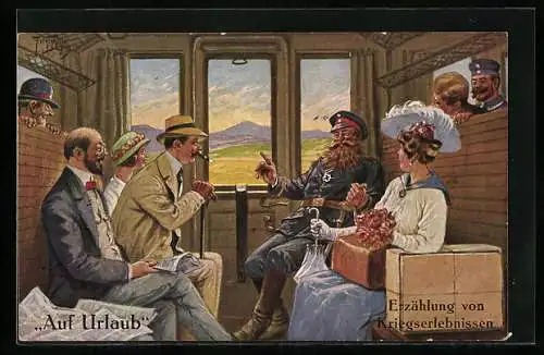 Künstler-AK A. Thiele: Soldat im Zugabteil erzählt vom Krieg