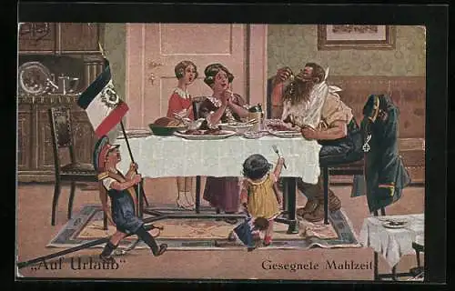 Künstler-AK A. Thiele: Soldat auf Urlaub, Von Kultur keine Spur, Gesegnete Mahlzeit!