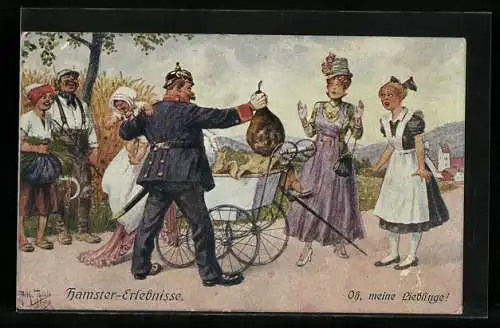 Künstler-AK Arthur Thiele: Hamster Erlebnisse, Oh, meine Lieblinge!, Gendarm entlarvt Hamsterer