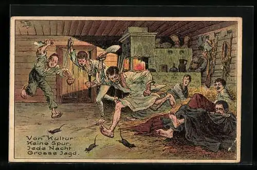 Künstler-AK Arthur Thiele: Von Kultur keine Spur..., Soldaten jagen Läuse