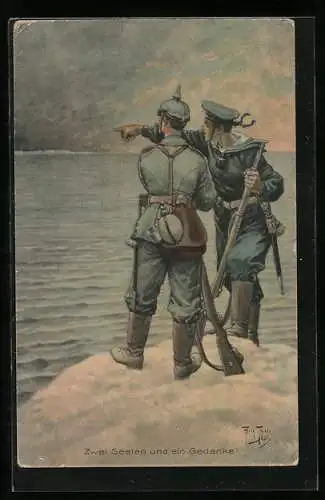 Künstler-AK A. Thiele: Marine-Soldat mit Gewehr, Feldgrauer mit Pickelhaube, Zwei Seelen - ein Gedanke