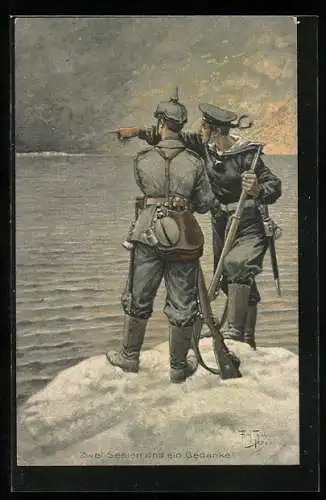 Künstler-AK A. Thiele: Marine-Soldat mit Gewehr, Feldgrauer mit Pickelhaube, Zwei Seelen - ein Gedanke