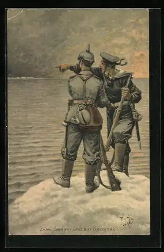 Künstler-AK A. Thiele: Marine-Soldat mit Gewehr, Feldgrauer mit Pickelhaube, Zwei Seelen - ein Gedanke