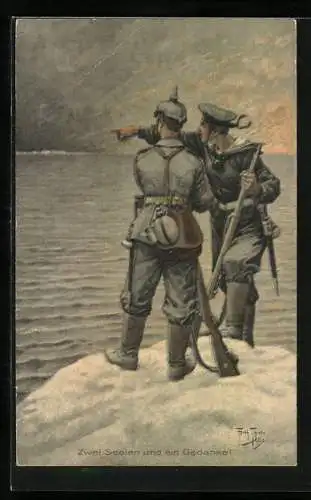 Künstler-AK A. Thiele: Marine-Soldat mit Gewehr, Feldgrauer mit Pickelhaube, Zwei Seelen - ein Gedanke