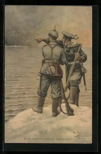 Künstler-AK A. Thiele: Marine-Soldat mit Gewehr, Feldgrauer mit Pickelhaube, Zwei Seelen - ein Gedanke