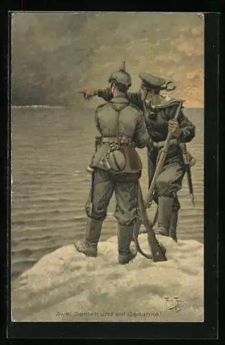 Künstler-AK A. Thiele: Marine-Soldat mit Gewehr, Feldgrauer mit Pickelhaube, Zwei Seelen - ein Gedanke