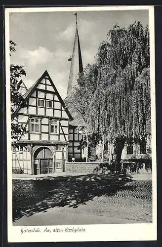 AK Gütersloh, Am alten Kirchplatz, Fachwerkhaus und Kirchturm