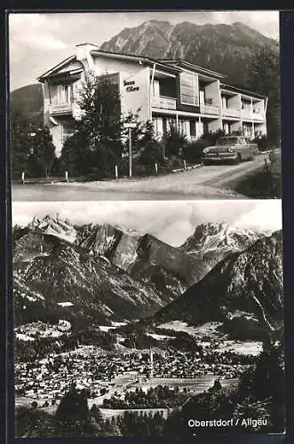 AK Oberstdorf /Allgäu, Hotel Haus Wieck, Bahnhofstrasse 8, Panoramablick auf Ort und Gebirge