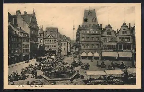 AK Trier, Hauptmarkt mit Brunnen und Strassenbahn