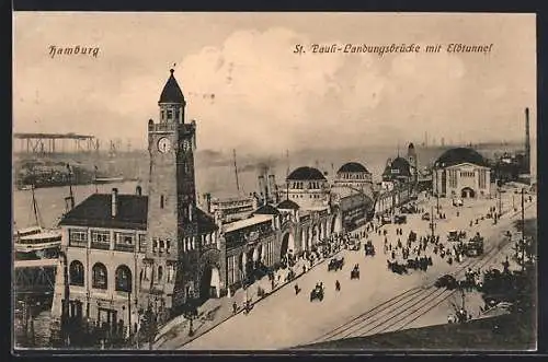 AK Hamburg-St. Pauli, Landungsbrücke mit Elbtunnel und Strassenbahn