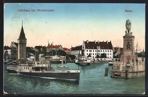 AK Lindau im Bodensee, Hafen mit Dampfer