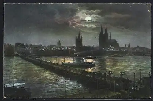 AK Köln a. Rhein, Totalansicht mit Dom bei Mondschein