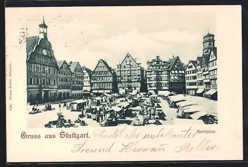 AK Stuttgart, Marktplatz mit Rathaus