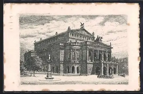 Künstler-AK Frankfurt a. M., Opernhaus mit Denkmal