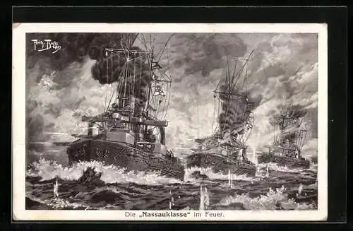 Künstler-AK Arthur Thiele: Die Nassauklasse im Feuer