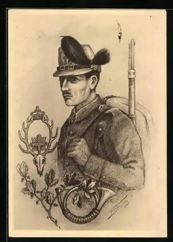 Künstler-AK Jäger in Uniform, Jagdhorn und Eichenlaub