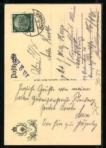 Künstler-AK Jäger in Uniform, Jagdhorn und Eichenlaub