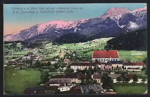 AK Neuberg an der Mürz, Ansicht mit Schneealpe, K. K. Jagdschloss und Stiftskirche