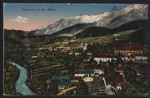 AK Neuberg an der Mürz, Ortsansicht mit Fluss und Bergen