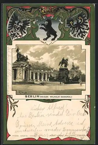 Passepartout-Lithographie Berlin, Kaiser Wilhelm Denkmal, Wappen Preussen und Berlin