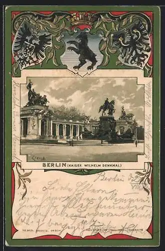 Passepartout-Lithographie Berlin, Kaiser Wilhelm Denkmal, Wappen Preussen und Berlin