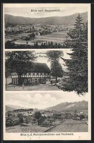 AK Neujonsdorf, Hotel Landhaus Maria, Blick n. d. Mühlensteinbrüchen und Hochwald