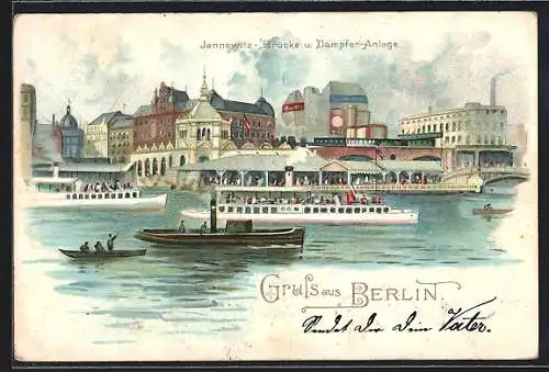 Lithographie Berlin, Jannowitz-Brücke und Dampfer-Anlage