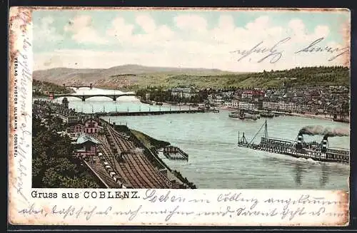 Lithographie Coblenz, Panorama mit Bahnhof, Rheinbrücken und Dampfern