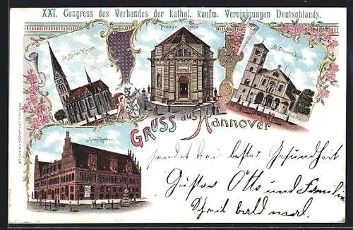 Lithographie Hannover, Altes Rathaus, Propstei Kirche, St. Elisabeth-Kirche