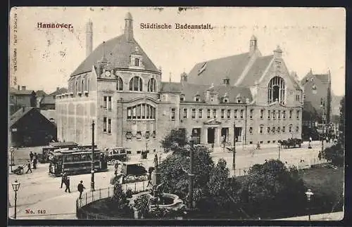 AK Hannover, Städtische Badeanstalt, Strassenbahn