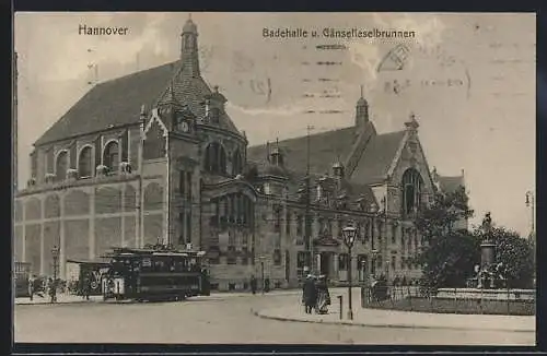 AK Hannover, Strassenbahn an der Badehalle und Gänselieselbrunnen