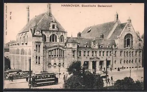 AK Hannover, Städtische Badeanstalt und Strassenbahn