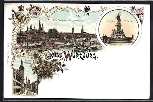 Lithographie Würzburg, Panorama mit Luitpoldbrücke, Denkmal & Domstrasse