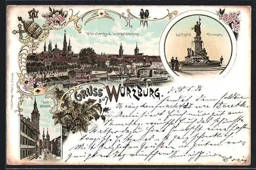 Lithographie Würzburg, Panorama mit Luitpoldbrücke, Denkmal & Domstrasse