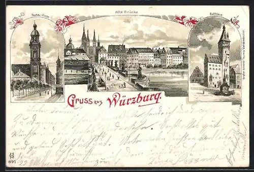 Lithographie Würzburg, Neubau-Kirche, Alte Brücke, Rathaus