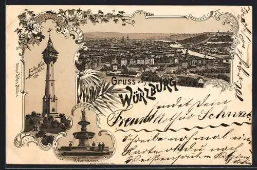 Lithographie Würzburg, Kilian-Brunnen, Franken-Warte, Blick über die Stadt