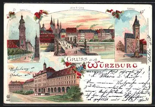 Lithographie Würzburg, Neubau-Kirche, Alte Brücke, Rathaus