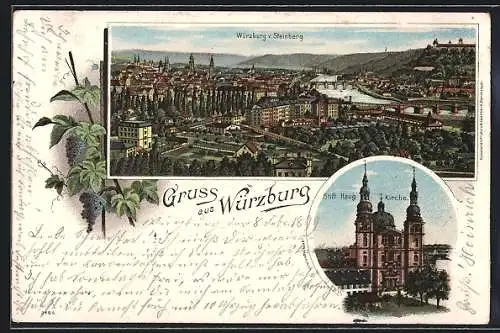 Lithographie Würzburg, Gesamtansicht v. Steinberg, Stift Haug Kirche