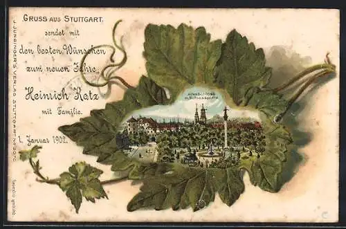 Passepartout-Lithographie Stuttgart, Alzes Schloss mit Schlossplatz, Ansicht auf Weinblatt