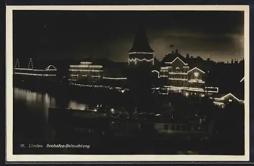 AK Lindau, Uferpartie mit Seehafen-Beleuchtung
