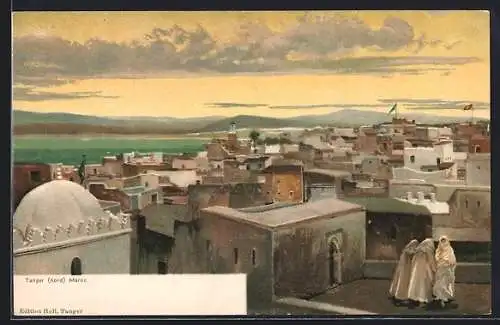 Künstler-AK Tanger, Verhüllte Menschen auf Dach, Abendsonne über Ort