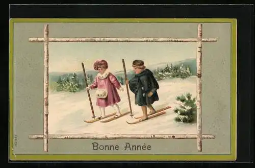 AK Neujahrsgruss, Kinder beim Ski fahren