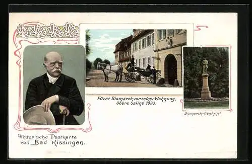 AK Bad Kissingen, Bismarck vor seiner Wohnung, Obere Saline 1893, Bismarck-Denkmal