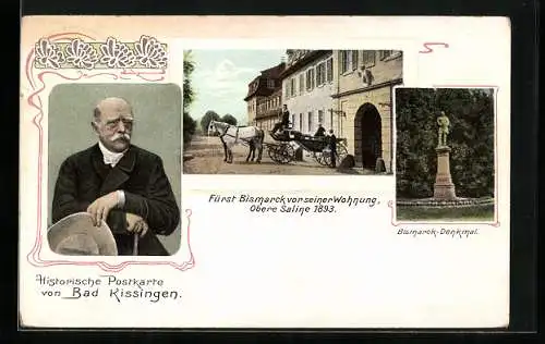 AK Bad Kissingen, Bismarck vor seiner Wohnung, Obere Saline 1893, Bismarck-Denkmal