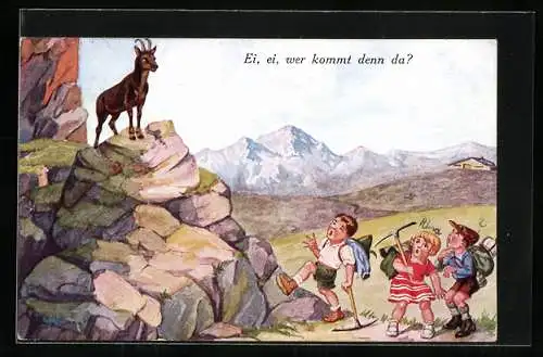 AK Drei Kinder erblicken beim Bergsteigen eine Gams