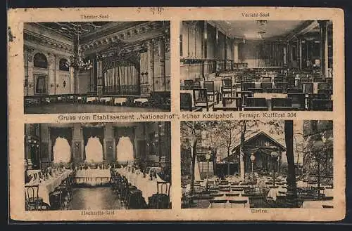 AK Berlin, Gasthaus Nationalhof, Innenansichten, Theater-Saal, Varieté-Saal und Hochzeits-Saal