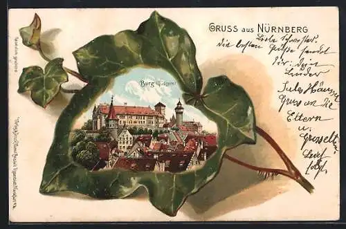 Passepartout-Lithographie Nürnberg, Burg von der Südseite im Weinblatt