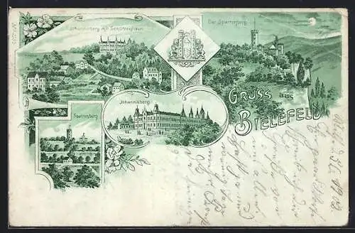 Lithographie Bielefeld, Johannisberg mit Schützenhaus, Sparrenburg, Stadtwappen