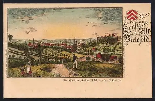 Lithographie Bielefeld, Totalansicht um 1830, Wappen